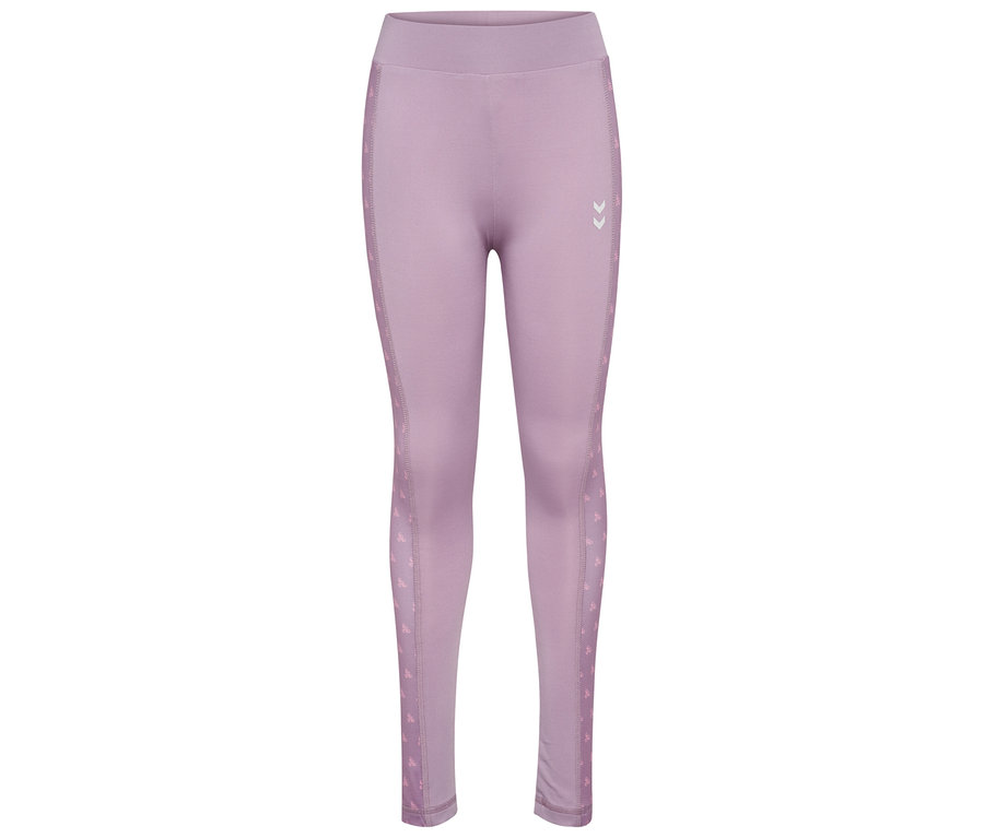 Gros plan sur le collant taille moyenne hummel® HMLJR Mix, un legging violet avec un motif latéral.