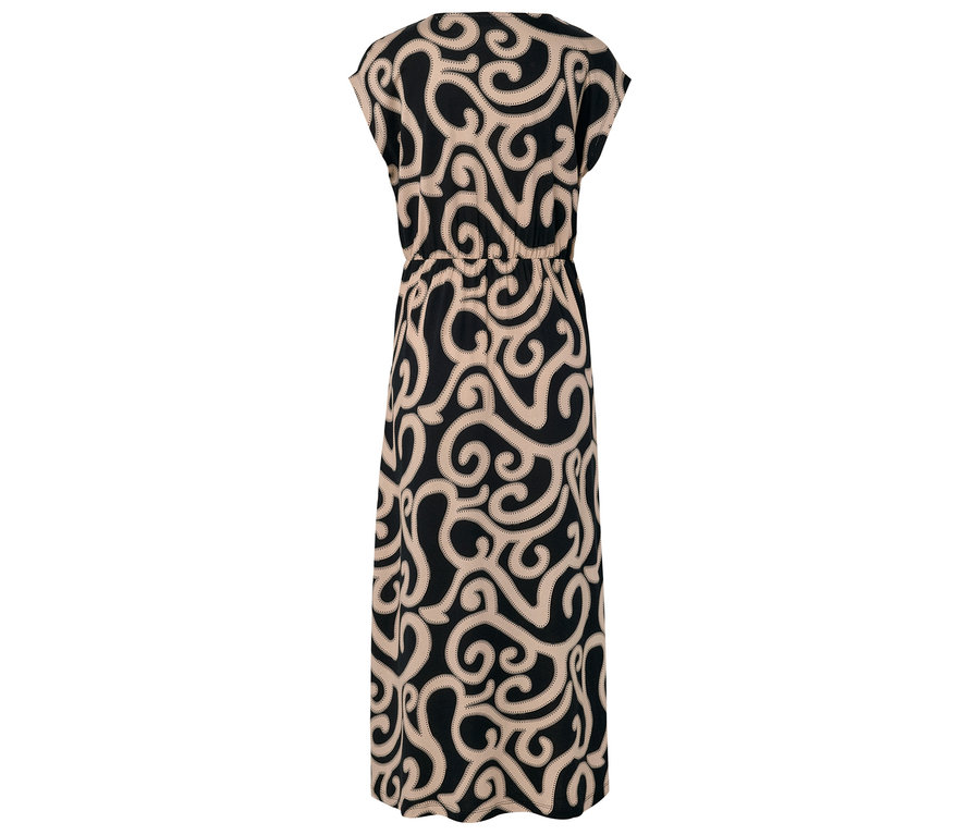 Vue arrière d'une robe noire jusqu'au sol avec un motif tourbillonnant beige.