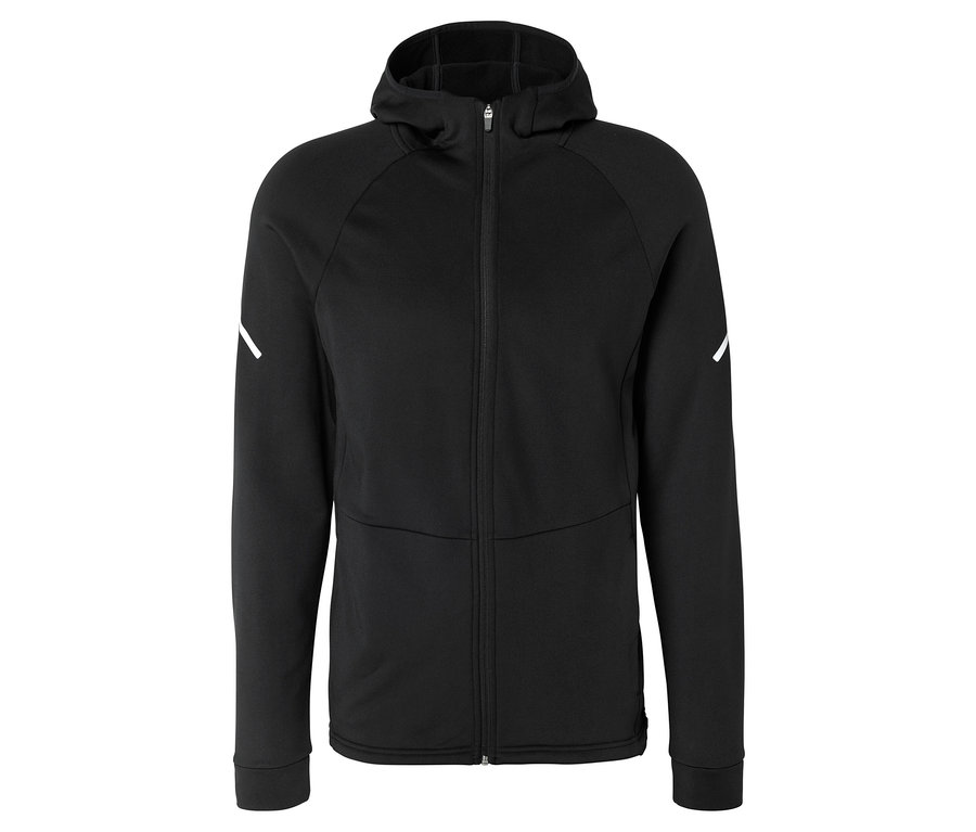 Veste thermique noire à capuche avec fermeture éclair et rayures diagonales blanches sur les bras.