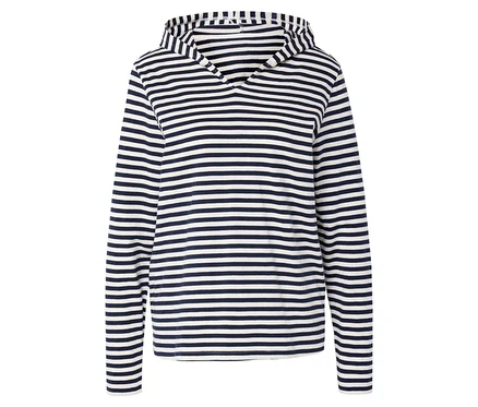 Sweat en jersey à rayures bleu marine et blanches sur l'ensemble.