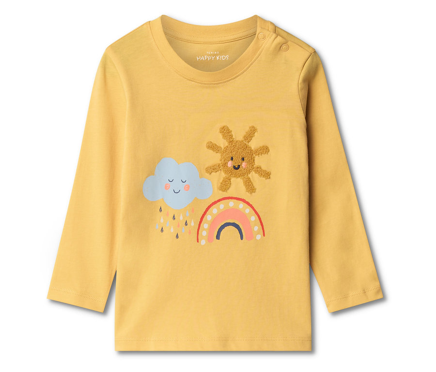Un t-shirt jaune à manches longues avec un nuage, un soleil et un arc-en-ciel.