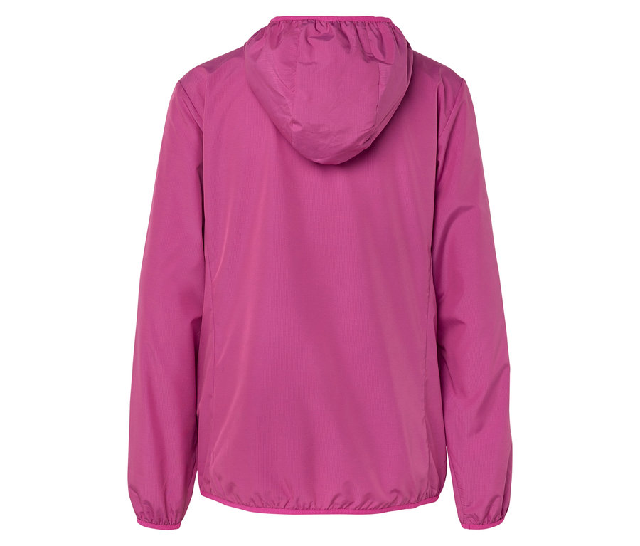 Vue arrière d'une veste à capuche rose.