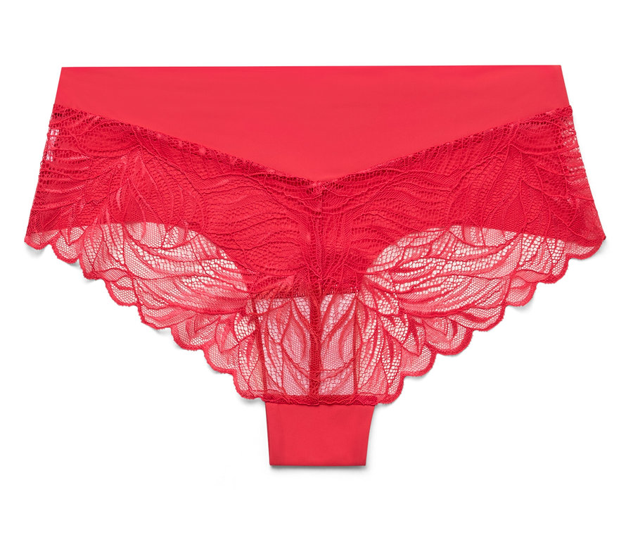 Culotte rouge partiellement en dentelle sur fond blanc.