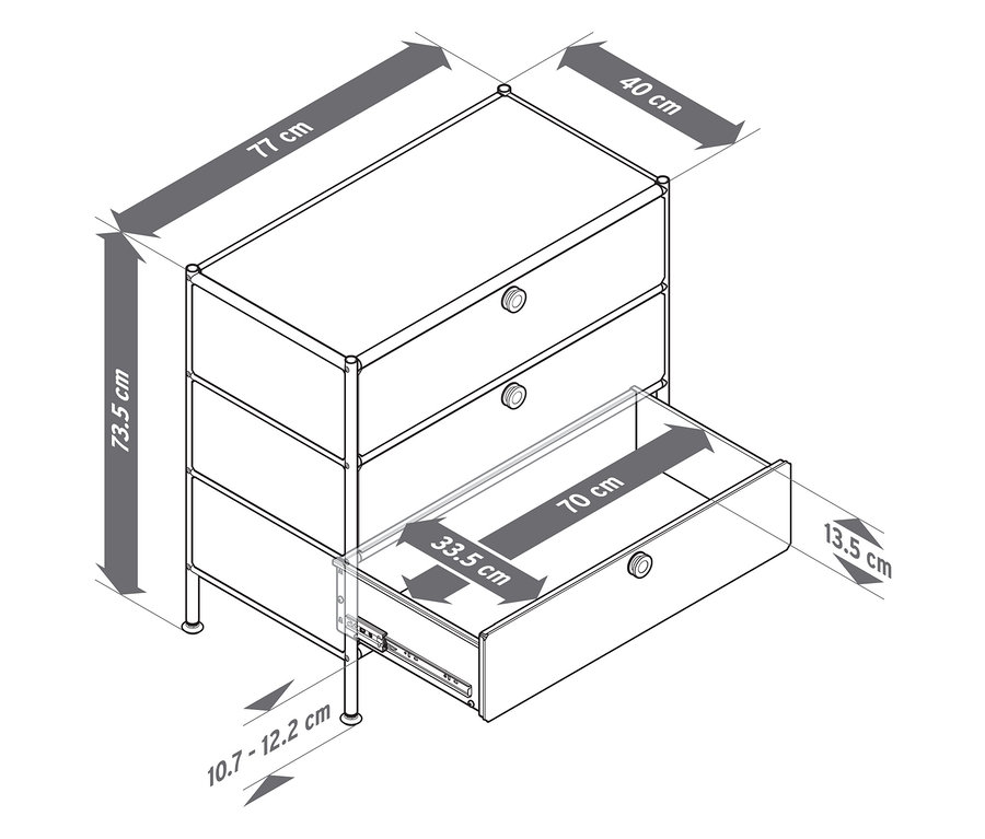 Illustration d'une commode en métal « CN3 » avec trois tiroirs, dont le tiroir inférieur est ouvert et les dimensions de la commode sont indiquées.