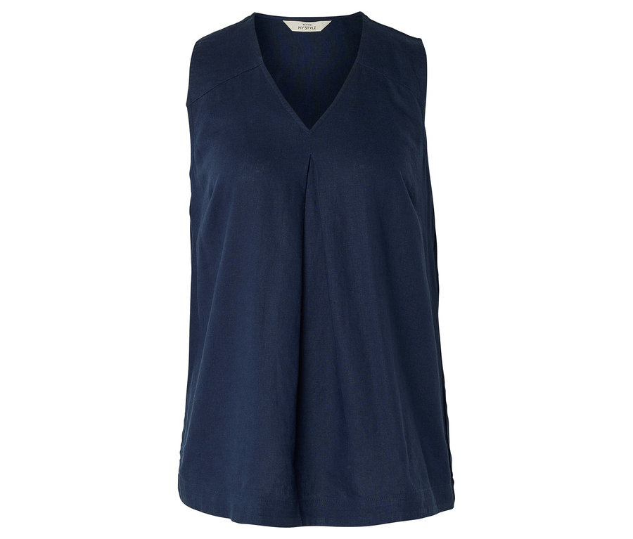 Un haut bleu marine sans manches avec un col en V est posé sur un fond blanc.
