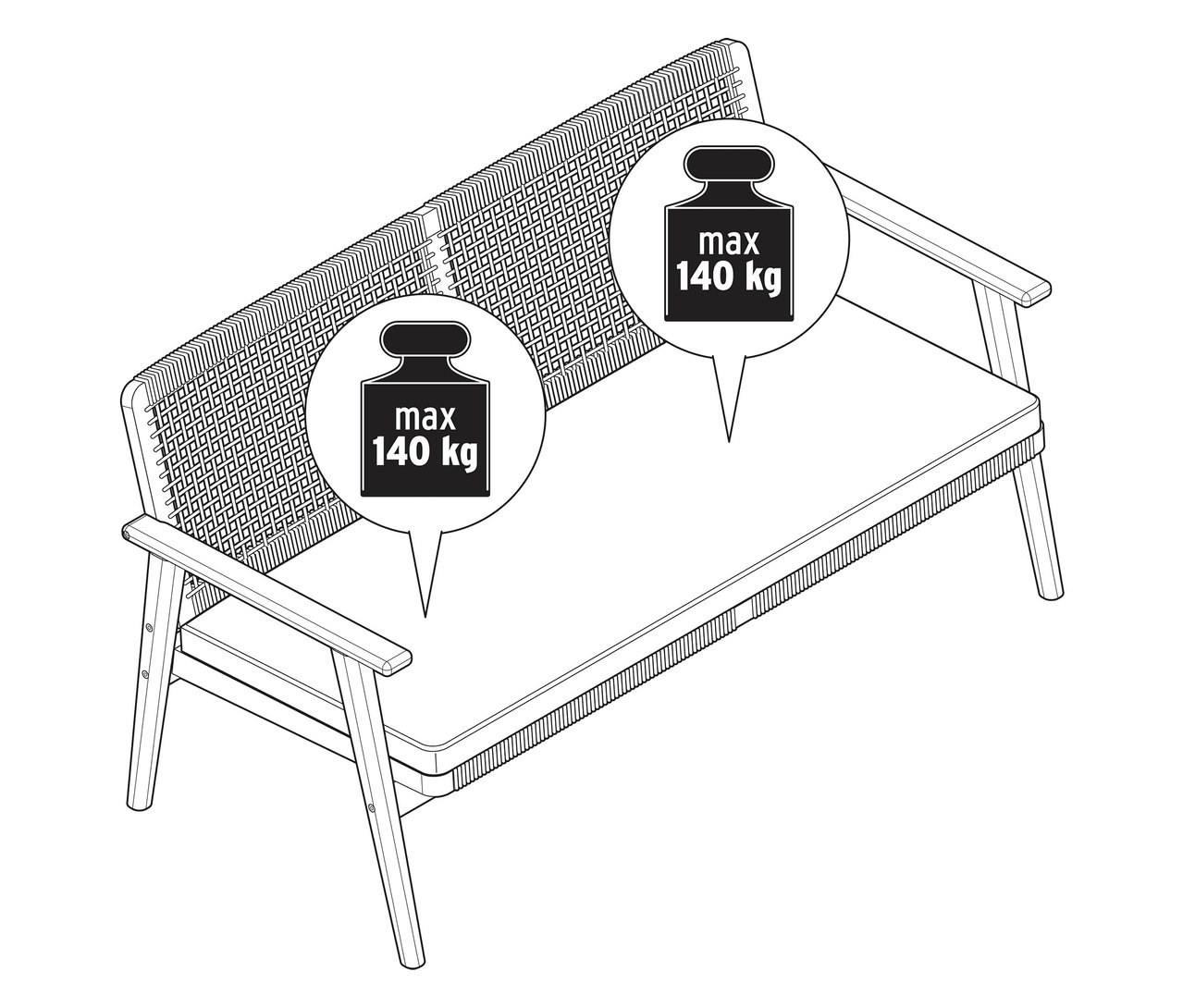 Illustration d'un canapé de jardin avec une charge maximale de 140 kg.