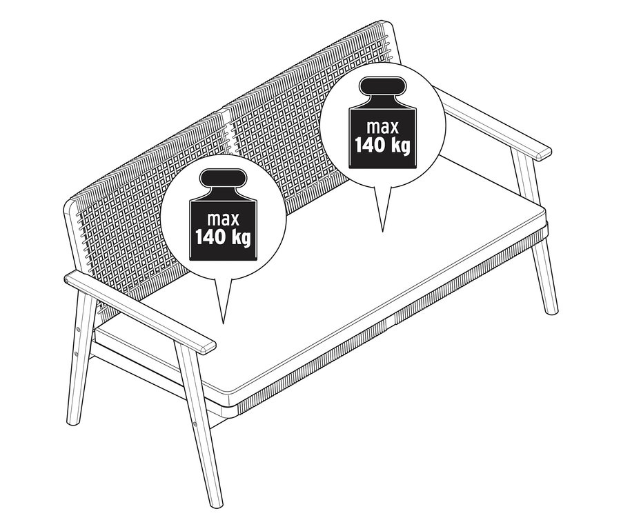 Illustration d'un canapé de jardin avec une charge maximale de 140 kg.