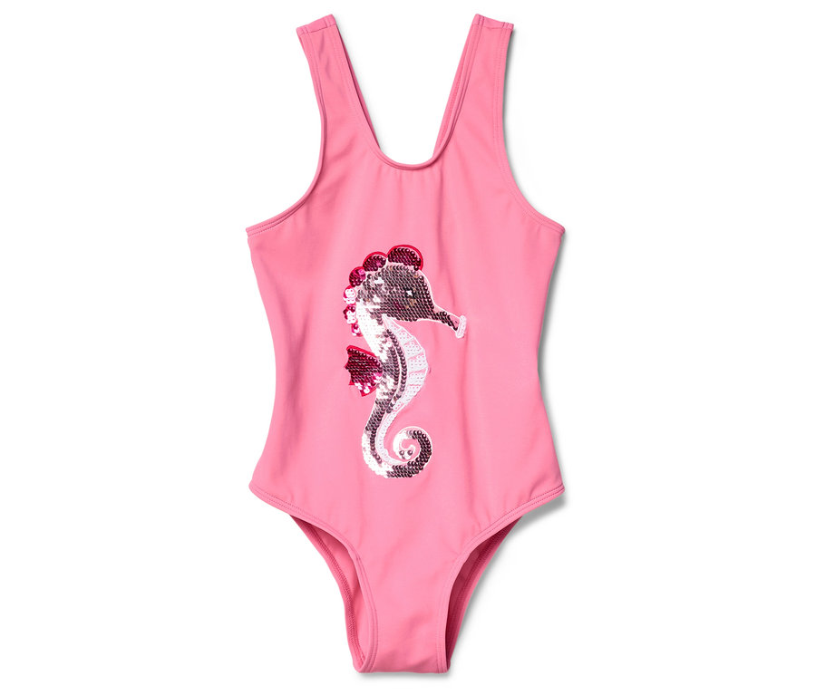 Un maillot de bain rose avec un motif d'hippocampe scintillant sur le devant.