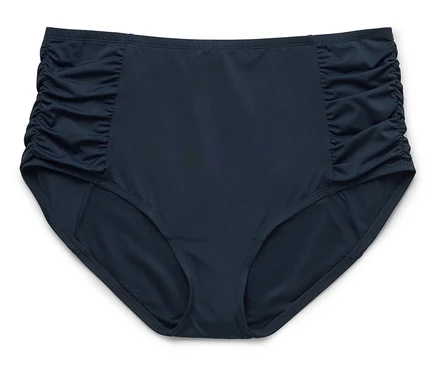 Bas de bikini bleu marine à taille haute avec des côtés froncés sur fond blanc.