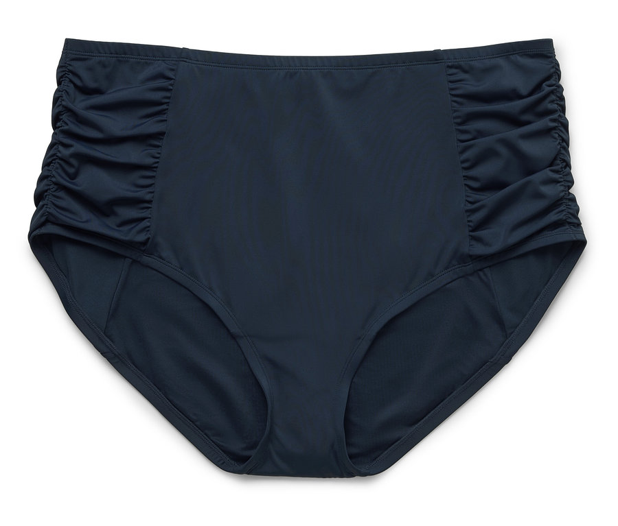 Bas de bikini bleu marine à taille haute avec des côtés froncés sur fond blanc.
