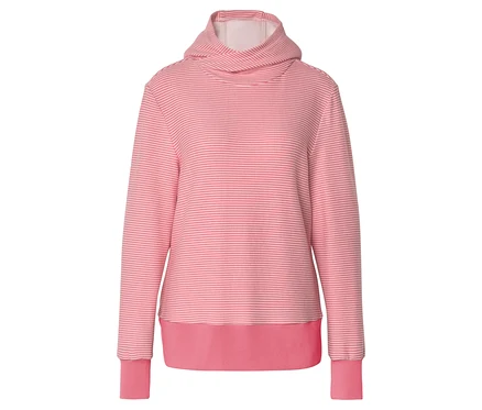 Sweat à capuche rose rayé avec manches longues et poignets côtelés.