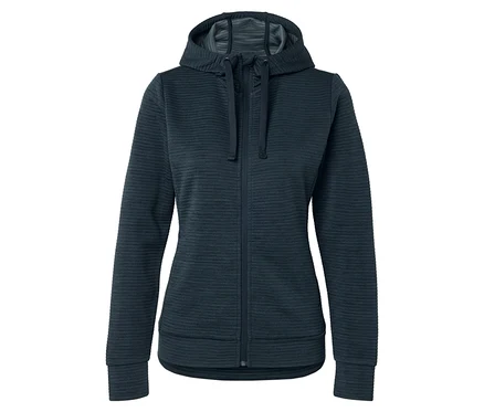 Sweat-shirt à capuche bleu foncé avec fermeture éclair intégrale et texture côtelée horizontale.
