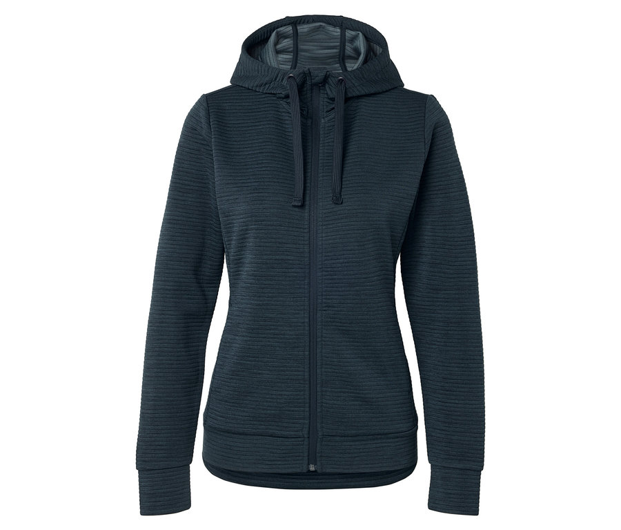 Sweat-shirt à capuche bleu foncé avec fermeture éclair intégrale et texture côtelée horizontale.