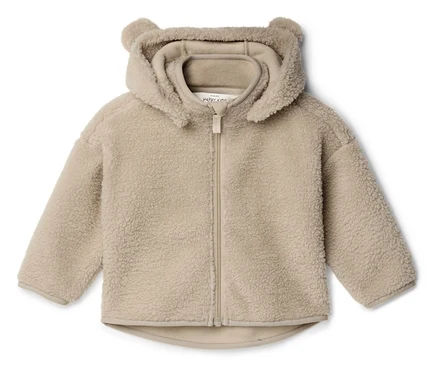 Veste beige en polaire teddy avec capuche et oreilles d'ours.