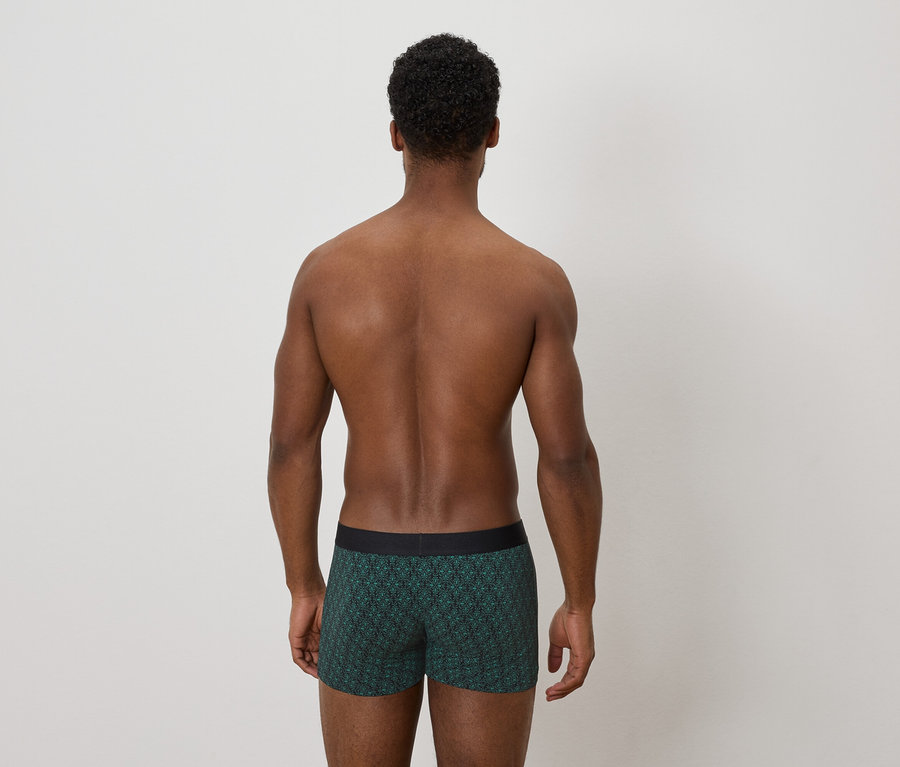 Vue de dos d'un homme à la peau foncée avec des cheveux courts, bouclés et foncés, portant un boxer vert à motifs.