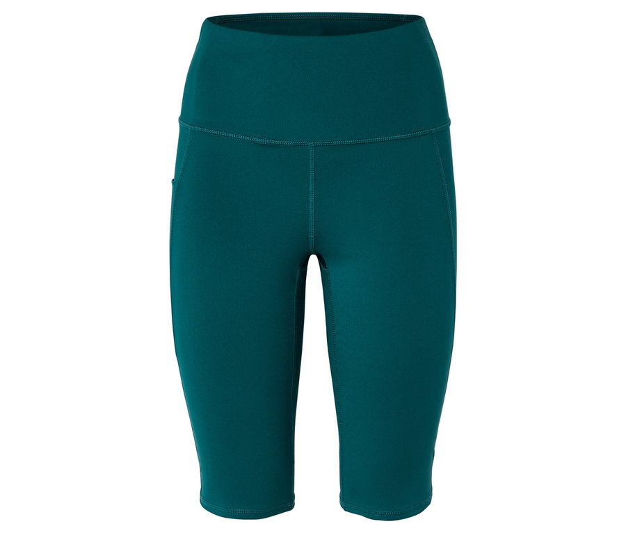 Gros plan sur un legging turquoise taille haute avec une poche latérale.