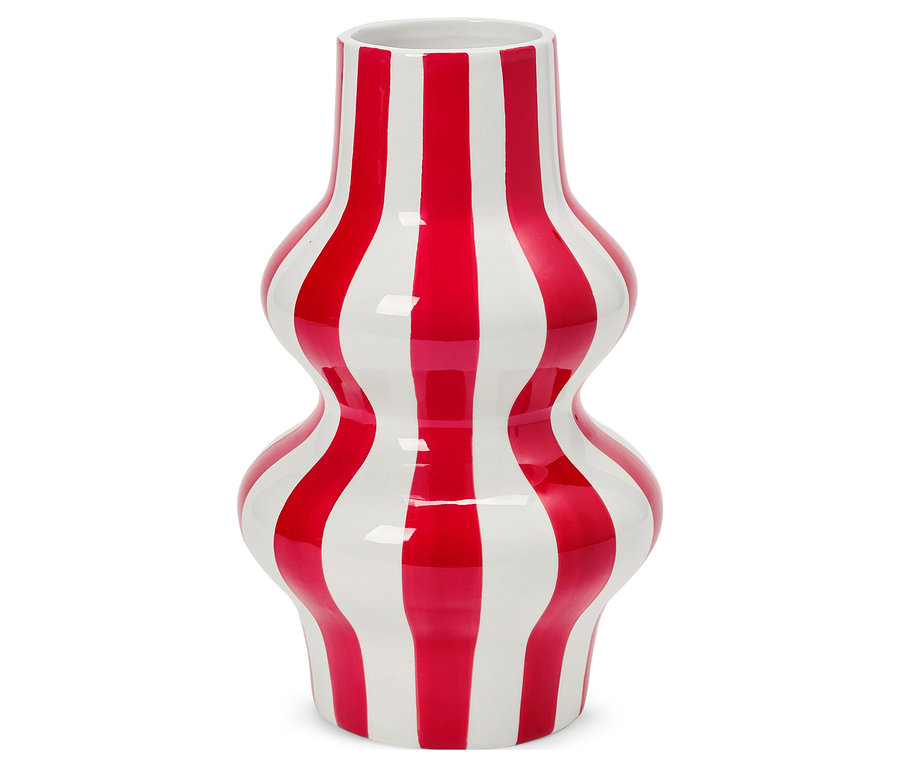 Vase rayée rouge et blanche avec une forme bulbeuse.