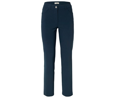 Un pantalon long bleu marine à jambes droites avec des poches est visible sur un fond blanc.