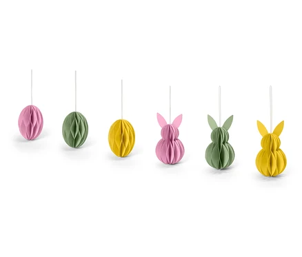 Six décorations de Pâques suspendues en forme d'œufs et de lapins en rose, vert et jaune.