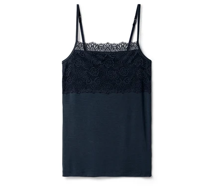 Débardeur bleu marine avec dentelle à l'encolure, posé à plat.