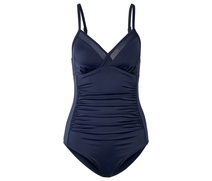 Maillot de bain bleu marine à fines bretelles et tissu froncé.