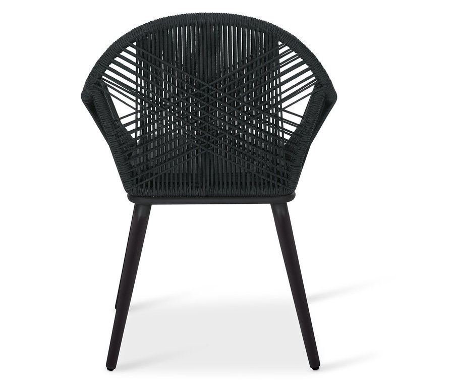 Chaise de jardin noire avec tressage croisé textile sur fond blanc.