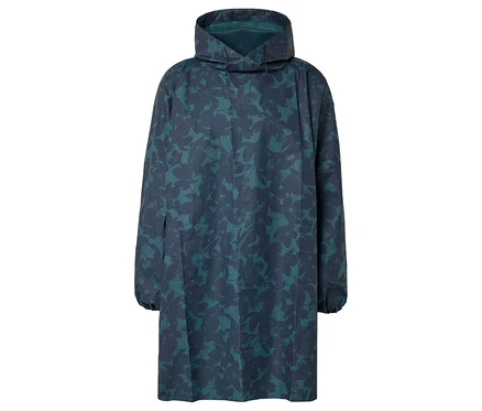 Poncho de pluie bleu-vert à fleurs avec capuche.