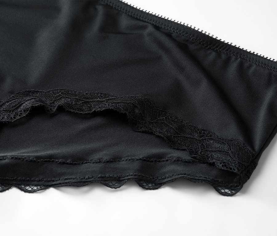 Gros plan d'une culotte noire avec des détails en dentelle sur fond blanc.