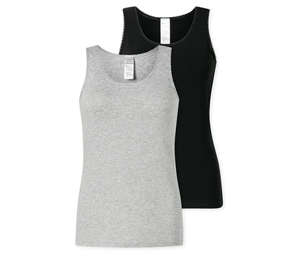 Deux tops SCHIESSER, un gris et un noir, sont superposés. Ils ont tous les deux de fines bretelles et une bordure en dentelle.