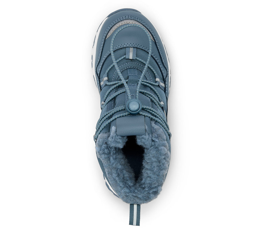Vue de dessus d'une botte d'hiver bleue avec des lacets et une doublure en fourrure.