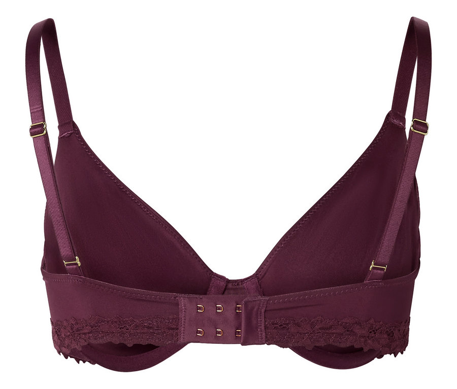 Vue arrière d'un soutien-gorge bordeaux avec bretelles réglables et bordure en dentelle.