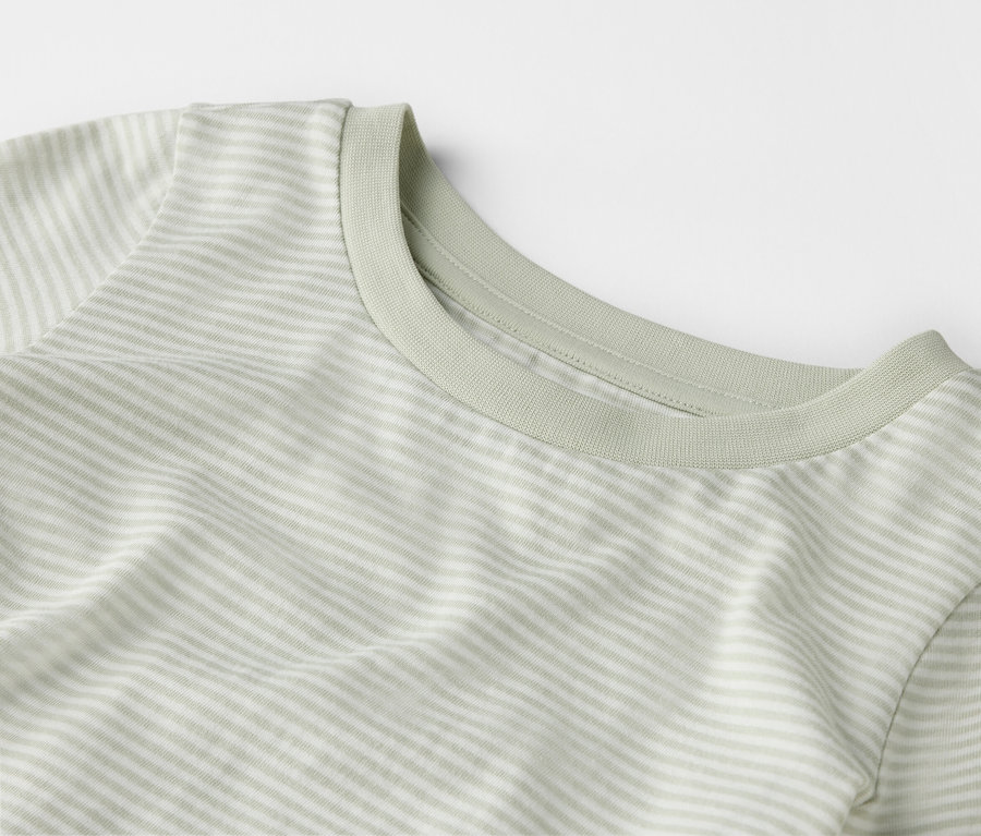 Gros plan d'un t-shirt à rayures vert clair avec un col rond sur fond blanc.