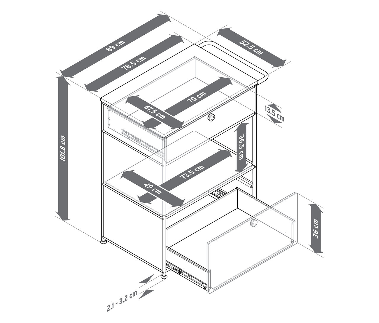 Vue de dessus d'une commode à café en métal « CN3 » avec deux tiroirs et indications de dimensions.