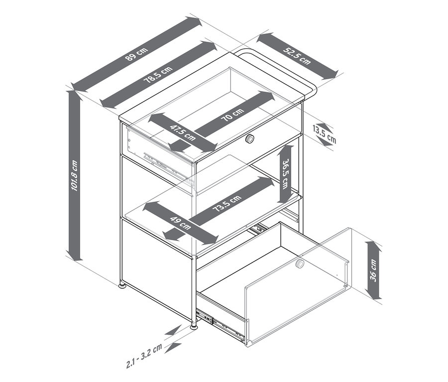 Vue de dessus d'une commode à café en métal « CN3 » avec deux tiroirs et indications de dimensions.