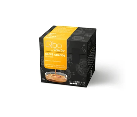 Une boîte noire et jaune de 27 capsules de café Qbo Caffè Grande BELO SUL. L'emballage montre une tasse de café, l'intensité 5/10 et l'origine Brésil/Colombie.