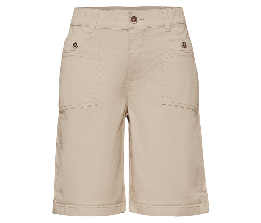 Un bermuda Street One « Yulius » beige, avec fermeture boutonnée, taille élastique et deux poches plaquées avant avec détails de boutons, présenté à plat sur un fond blanc.