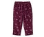 Pantalon en velours côtelé bordeaux avec taille élastique, motif floral rose clair dispersé, poches latérales et poches plaquées sur les cuisses.