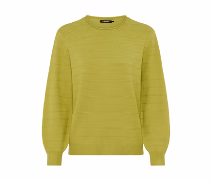Pull vert citron à col rond et manches longues, avec de subtiles rayures horizontales texturées.