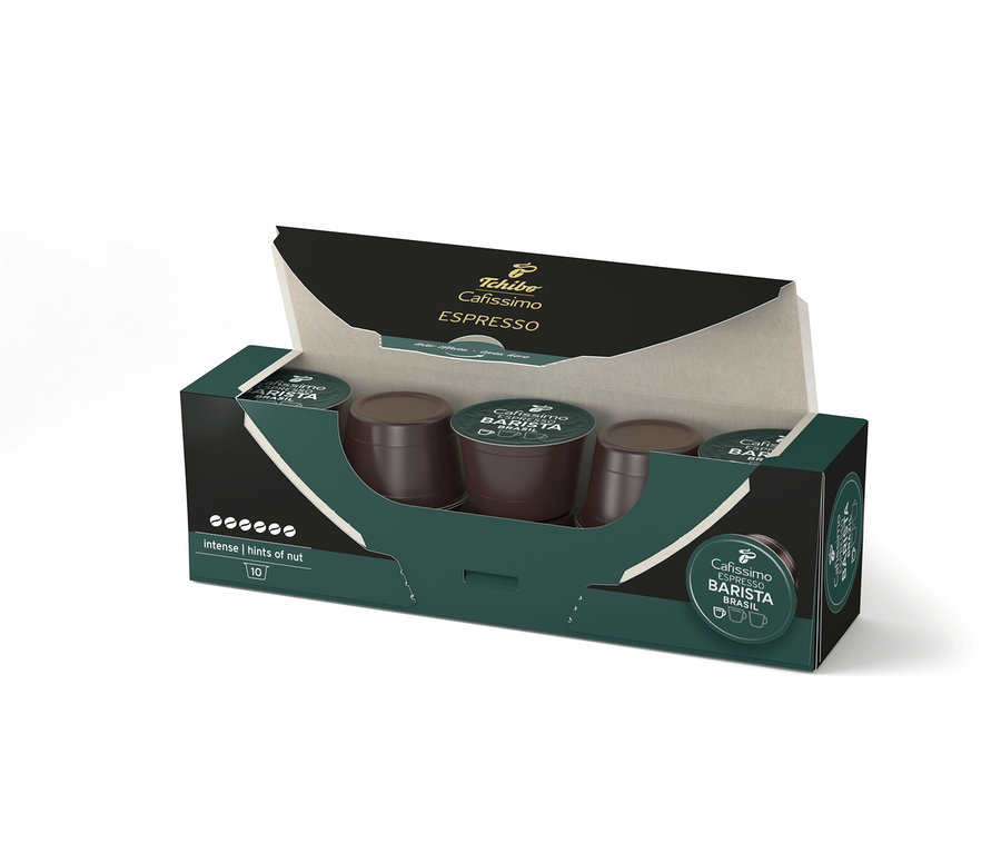 Paquet ouvert de capsules Cafissimo Barista Espresso Brasil.