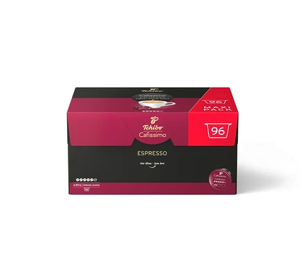 Un paquet de capsules Tchibo Cafissimo Espresso avec l'inscription "96 Maxi Pack".