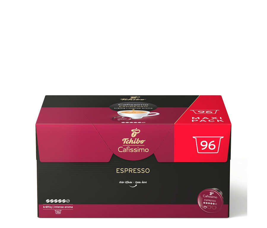 Paquet rouge et noir de 96 capsules de café Tchibo Cafissimo Espresso, avec une tasse d'espresso et un indicateur d'intensité.