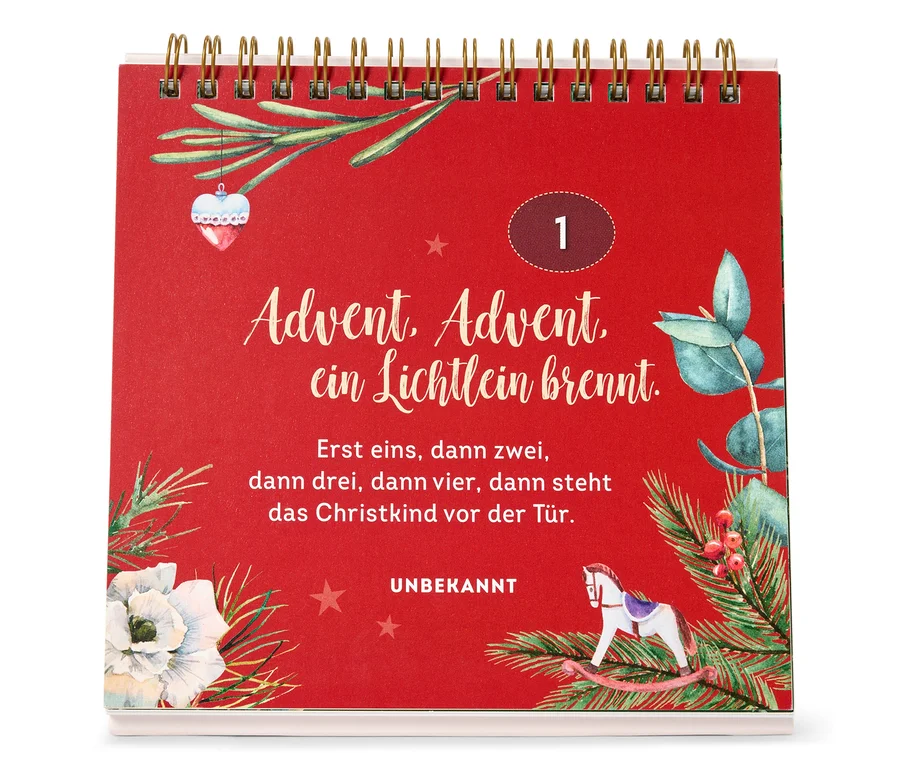 Un calendrier de l'Avent rouge avec l'inscription "Advent, Advent, ein Lichtlein brennt."