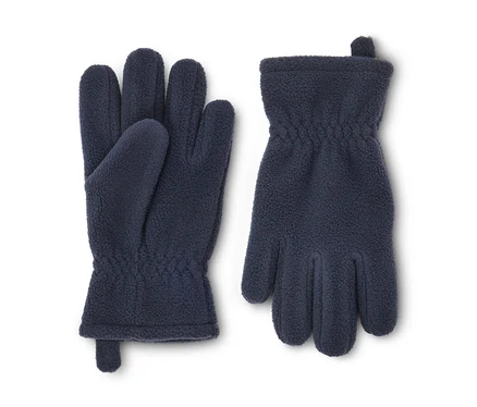 Deux gants en polaire bleu marine posés côte à côte, avec des poignets élastiques et de petites boucles.