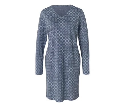 Robe grise à manches longues avec col en V et motif géométrique.