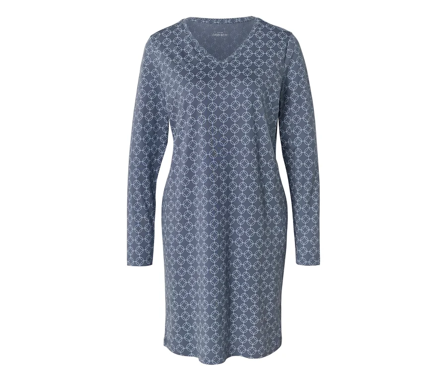 Robe grise à manches longues avec col en V et motif géométrique.