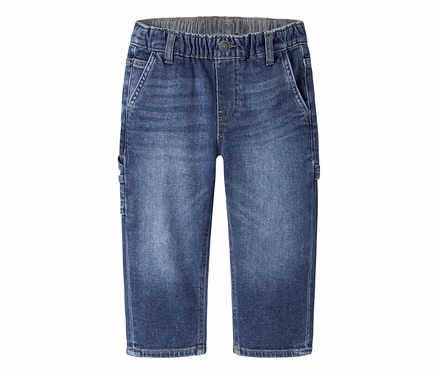 Jean bleu en denim avec taille élastique, poches avant et effet délavé, sur fond blanc.