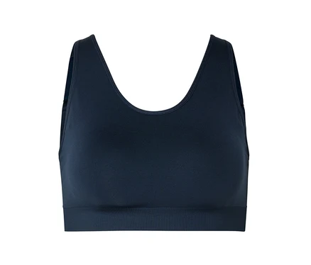 Soutien-gorge de sport bleu marine avec large bande inférieure et dos nageur.