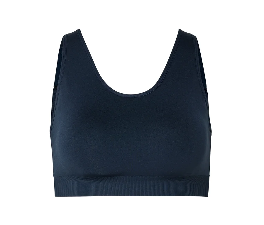 Soutien-gorge de sport bleu marine avec large bande inférieure et dos nageur.