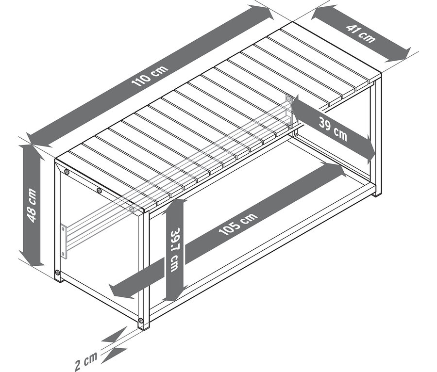 Dessin technique d'un banc à bois de cheminée, 110 cm, mesurant 110 cm de long, 48 cm de haut et 41 cm de profondeur. L'espace de rangement mesure 105 cm de long, 39,7 cm de haut et 39 cm de profondeur.