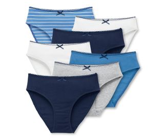 1x bleu, 1x gris chiné, 1x bleu-blanc à rayures, 2x blanc, 2x bleu foncé